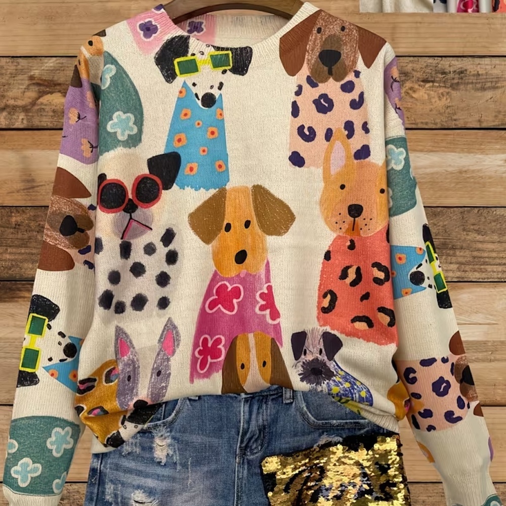 SHEIN Lightweight Comfy Sweater w/ Cartoon Dogs/Puppies, 1XL, NEW NWOT